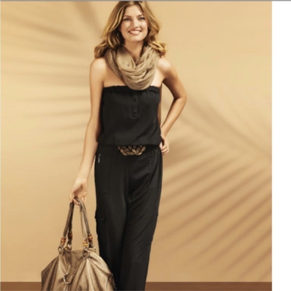 Cache Cuffed Cargo Jumpsuit Sleeveless Square Neck Tie Waist Casual Black Sz S